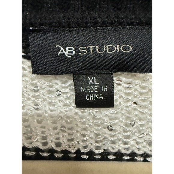 AB Studio Black White Striped Color Block Short Sleeve Sequin Sweater Size XL - Picture 5 of 6